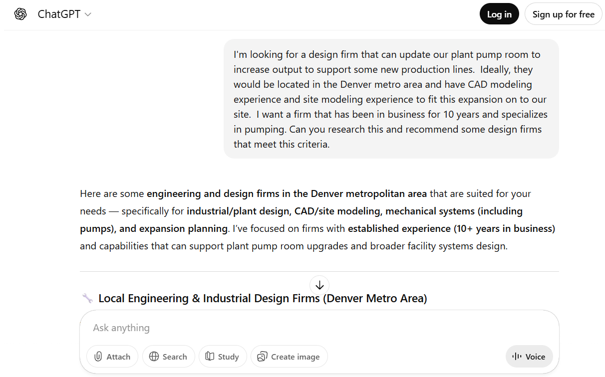 Example of an AI used to search for a business and how digital marketing companies can develop web sites that can be optimized to show-up in AI searches for businesses.